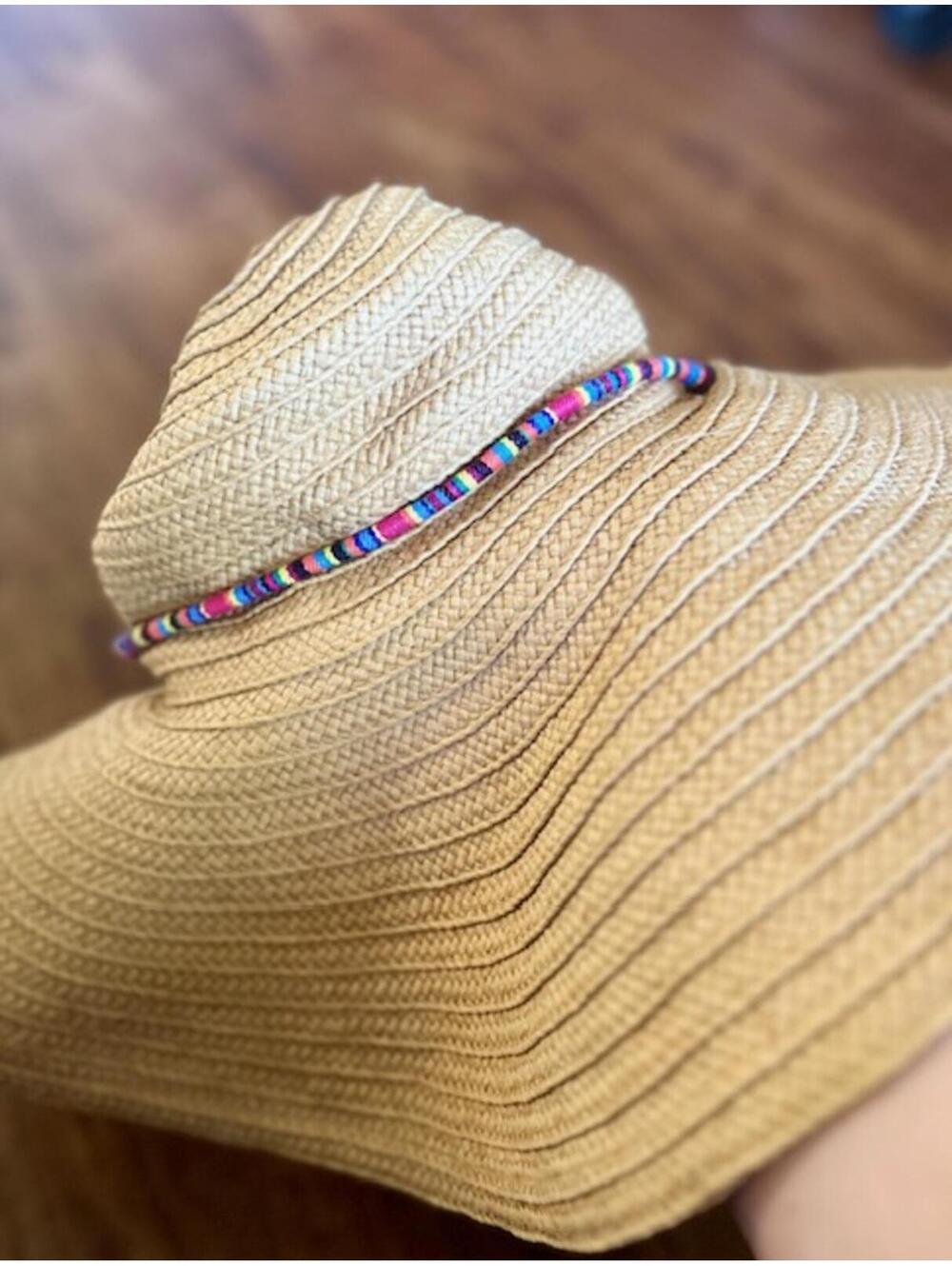 Wide Brim Straw Sun Hat with Colorful Beaded Band